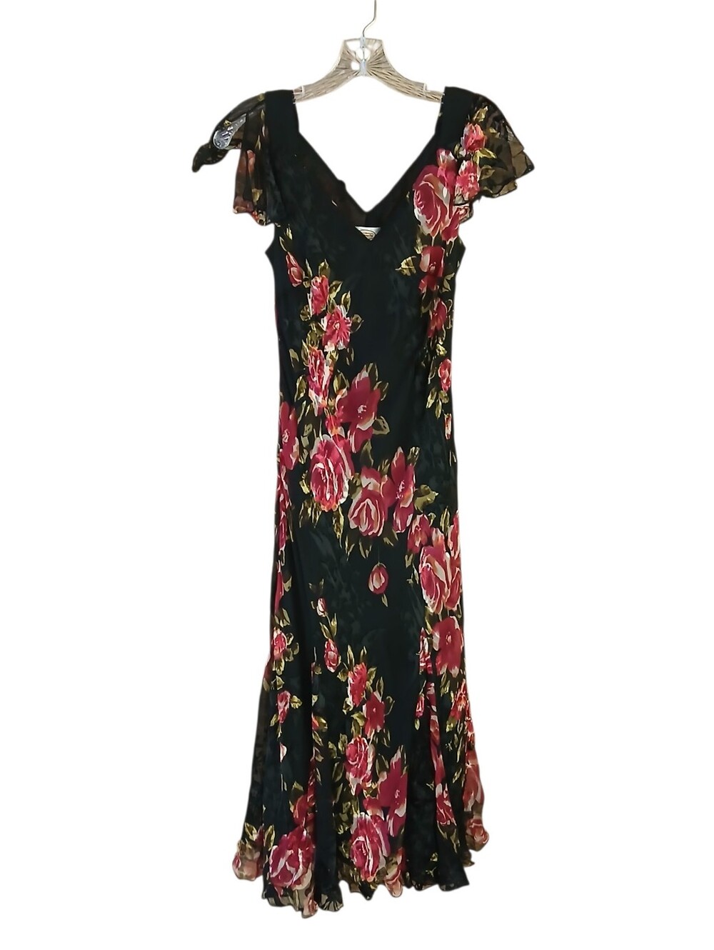 Talbots Vintage Black Rose Print Silk Blend Maxi Dress Size 6